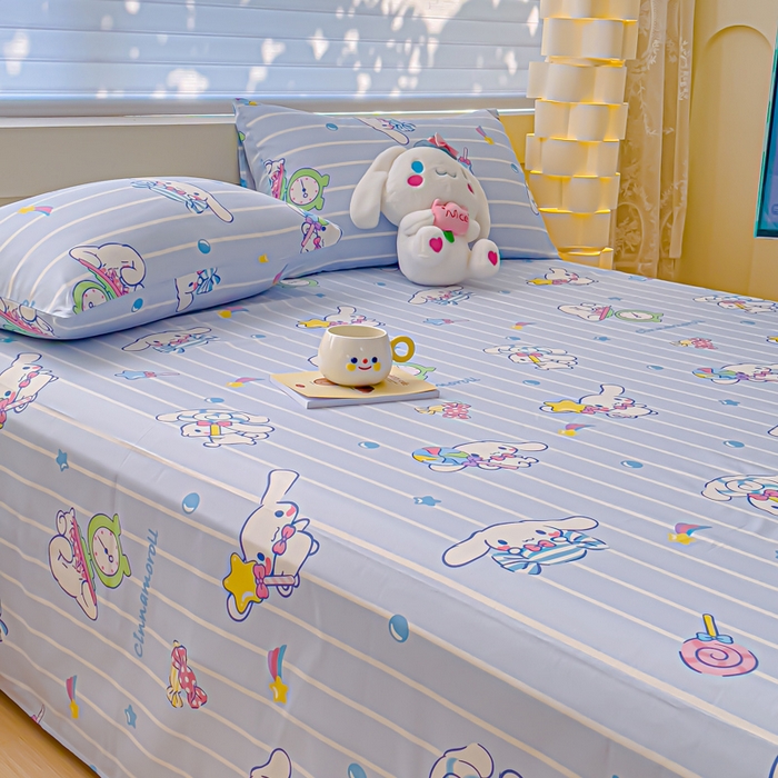 91家纺网 家纺一手货源 找家纺 金丝鸟家纺 2024新款全棉三丽鸥系列床单 条纹玉桂狗