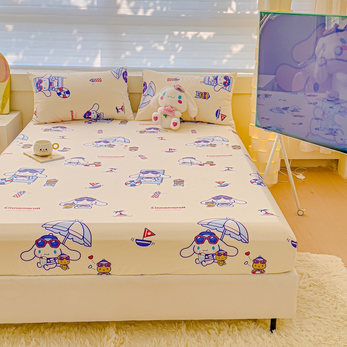 91家纺网 家纺一手货源 找家纺 金丝鸟家纺 2024新款全棉三丽鸥系列床笠 花伞狗