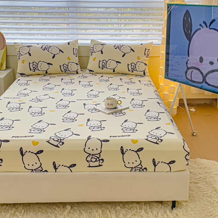 91家纺网 家纺一手货源 找家纺 金丝鸟家纺 2024新款全棉三丽鸥系列床笠 爱心黑白帕恰狗