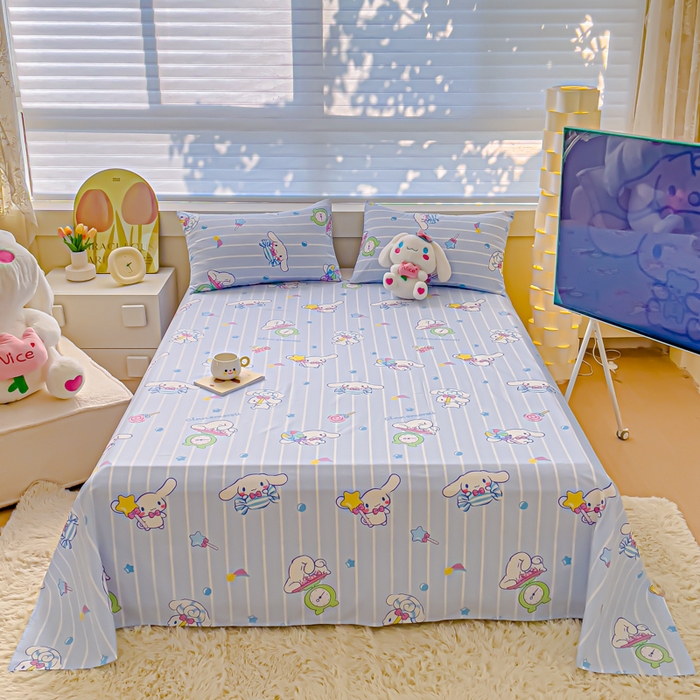 91家纺网 家纺一手货源 找家纺 金丝鸟家纺 2024新款全棉三丽鸥系列床单 条纹玉桂狗