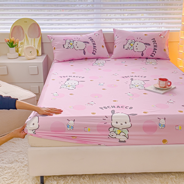 91家纺网 家纺一手货源 找家纺 金丝鸟家纺 2024新款全棉三丽鸥系列床笠 开心帕恰狗