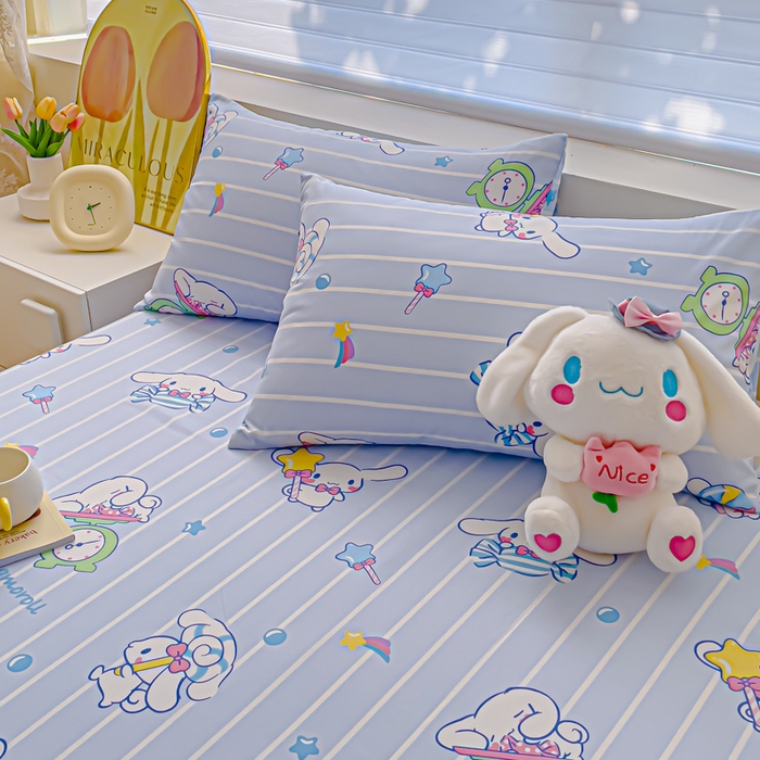 91家纺网 家纺一手货源 找家纺 金丝鸟家纺 2024新款全棉三丽鸥系列床单 条纹玉桂狗