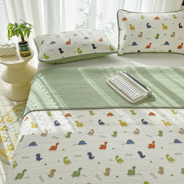 91家纺网 家纺一手货源 找家纺 茉夕家纺 2024新款纯棉斜纹13372双面纯棉床盖 恐龙茶茶