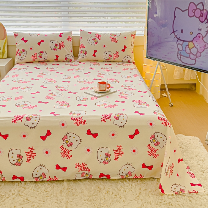 91家纺网 家纺一手货源 找家纺 金丝鸟家纺 2024新款全棉三丽鸥系列床单 领结kt