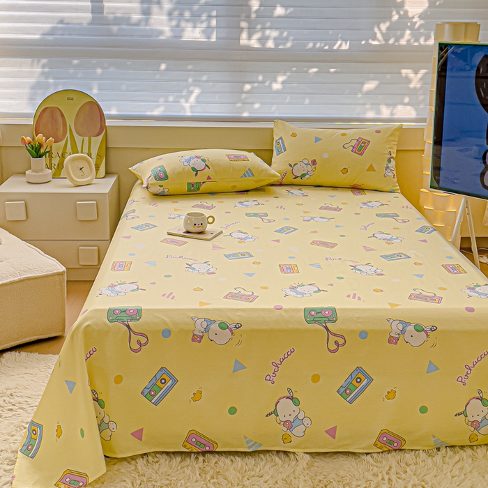 91家纺网 家纺一手货源 找家纺 金丝鸟家纺 2024新款全棉三丽鸥系列床单 音乐帕恰狗