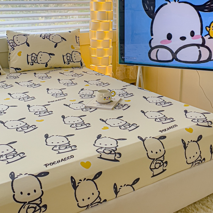 91家纺网 家纺一手货源 找家纺 金丝鸟家纺 2024新款全棉三丽鸥系列床笠 爱心黑白帕恰狗