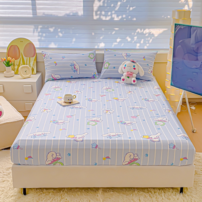 91家纺网 家纺一手货源 找家纺 金丝鸟家纺 2024新款全棉三丽鸥系列床笠 条纹玉桂狗