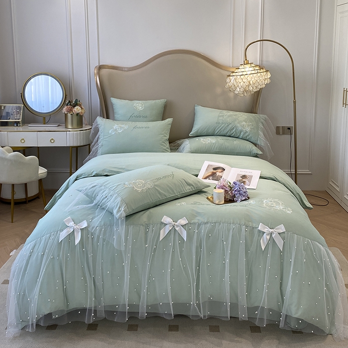 91家纺网 家纺一手货源 找家纺 欧冠家纺 2024新款全棉蕾丝珍珠网纱四件套 丽丽贝尔系列 青柠抹茶