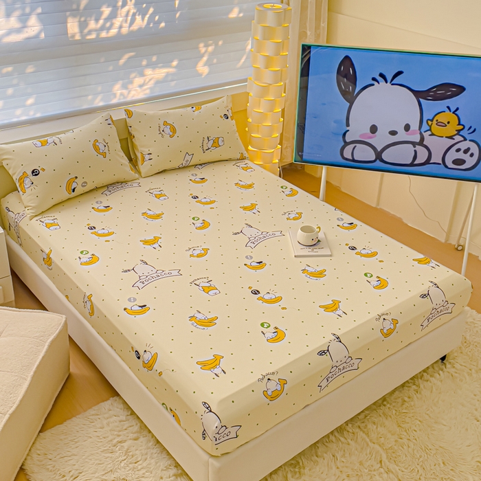 91家纺网 家纺一手货源 找家纺 金丝鸟家纺 2024新款全棉三丽鸥系列床笠 香蕉帕恰狗