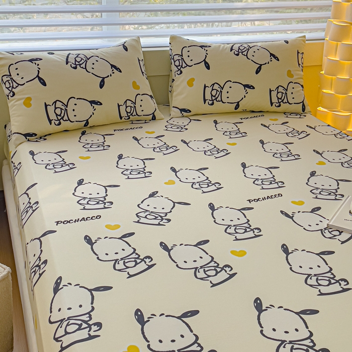 91家纺网 家纺一手货源 找家纺 金丝鸟家纺 2024新款全棉三丽鸥系列床笠 爱心黑白帕恰狗