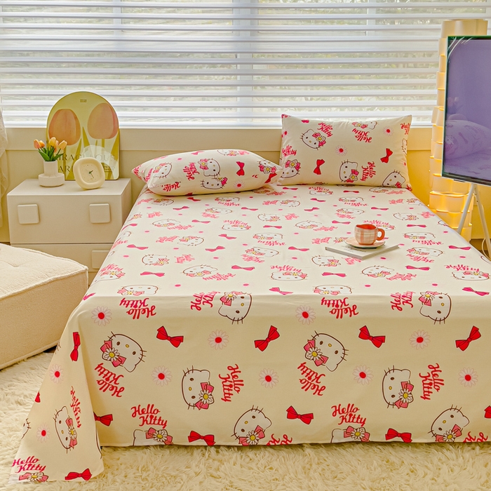 91家纺网 家纺一手货源 找家纺 金丝鸟家纺 2024新款全棉三丽鸥系列床单 领结kt