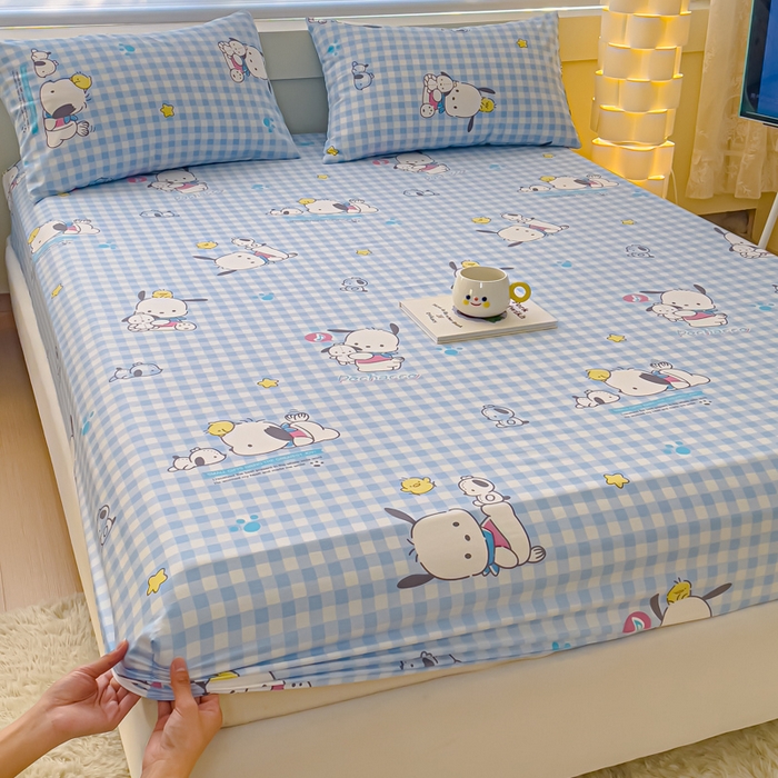 91家纺网 家纺一手货源 找家纺 金丝鸟家纺 2024新款全棉三丽鸥系列床笠 格子帕恰狗