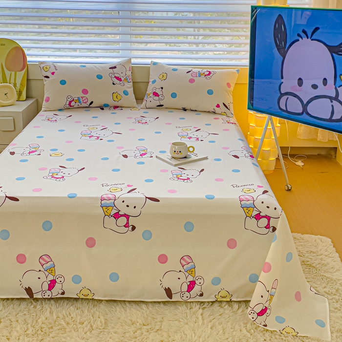 91家纺网 家纺一手货源 找家纺 金丝鸟家纺 2024新款全棉三丽鸥系列床单 波点帕恰狗