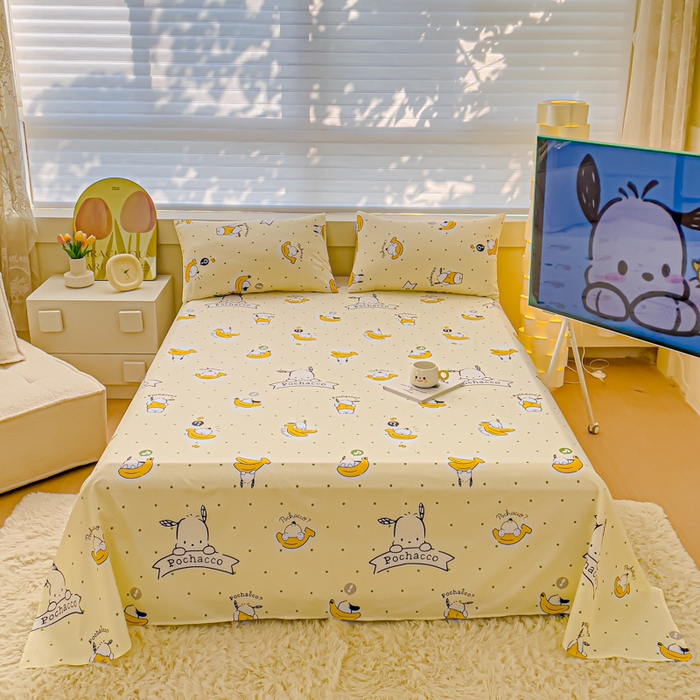 91家纺网 家纺一手货源 找家纺 金丝鸟家纺 2024新款全棉三丽鸥系列床单 香蕉帕恰狗