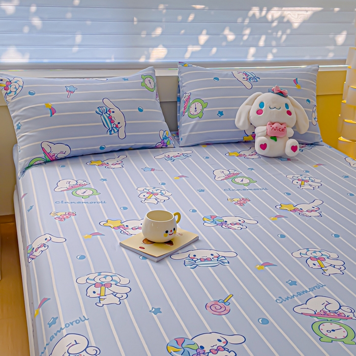 91家纺网 家纺一手货源 找家纺 金丝鸟家纺 2024新款全棉三丽鸥系列床笠 条纹玉桂狗