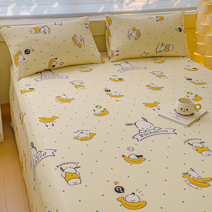 91家纺网 家纺一手货源 找家纺 金丝鸟家纺 2024新款全棉三丽鸥系列床单 香蕉帕恰狗