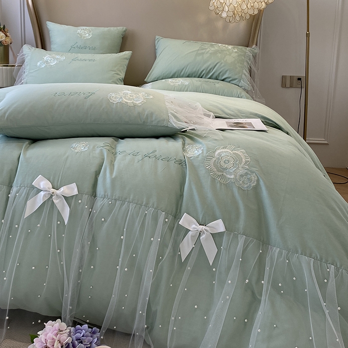 91家纺网 家纺一手货源 找家纺 欧冠家纺 2024新款全棉蕾丝珍珠网纱四件套 丽丽贝尔系列 青柠抹茶