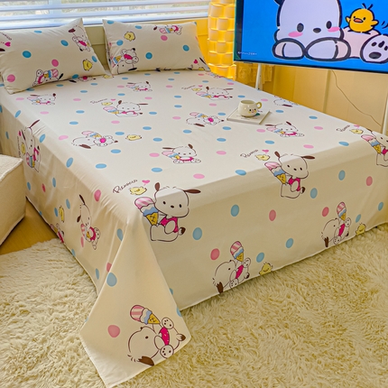 91家纺网 家纺一手货源 找家纺 金丝鸟家纺 2024新款全棉三丽鸥系列床单 波点帕恰狗