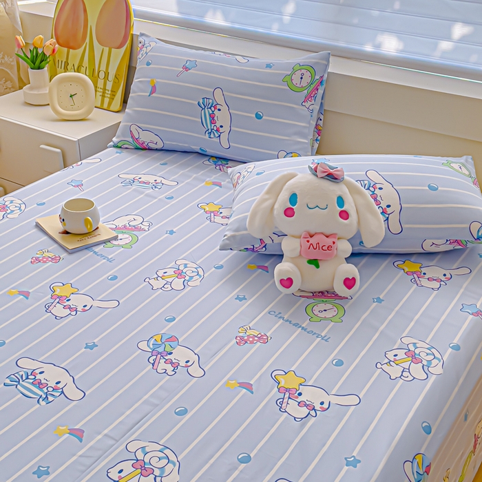 91家纺网 家纺一手货源 找家纺 金丝鸟家纺 2024新款全棉三丽鸥系列床单 条纹玉桂狗