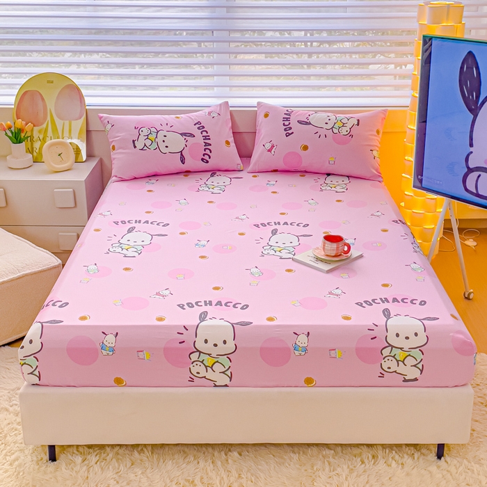 91家纺网 家纺一手货源 找家纺 金丝鸟家纺 2024新款全棉三丽鸥系列床笠 开心帕恰狗