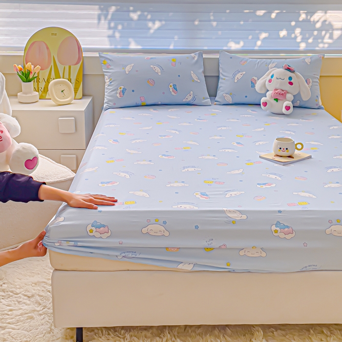 91家纺网 家纺一手货源 找家纺 金丝鸟家纺 2024新款全棉三丽鸥系列床笠 白云狗