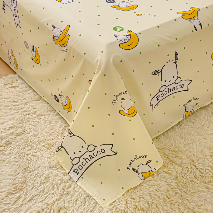 91家纺网 家纺一手货源 找家纺 金丝鸟家纺 2024新款全棉三丽鸥系列床单 香蕉帕恰狗