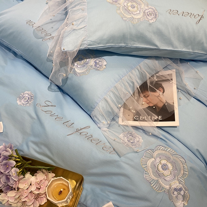 91家纺网 家纺一手货源 找家纺 欧冠家纺 2024新款全棉蕾丝珍珠网纱四件套 丽丽贝尔系列 马卡龙蓝