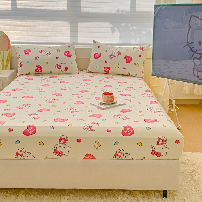 91家纺网 家纺一手货源 找家纺 金丝鸟家纺 2024新款全棉三丽鸥系列床笠 爱心kt