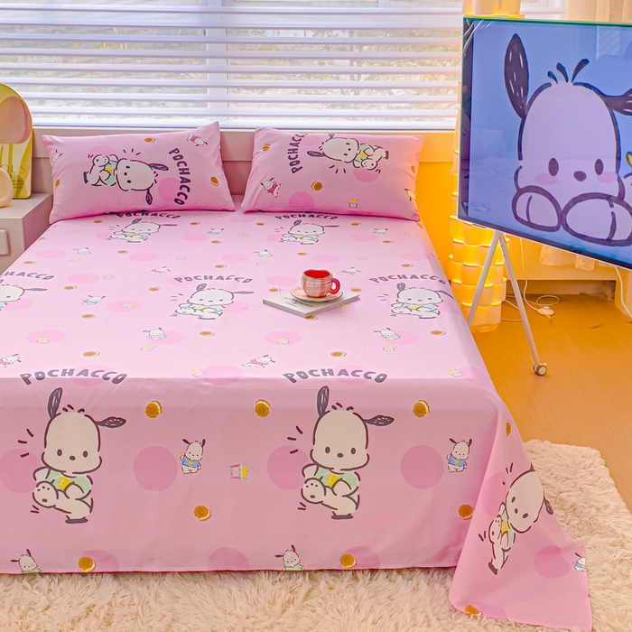 91家纺网 家纺一手货源 找家纺 金丝鸟家纺 2024新款全棉三丽鸥系列床单 开心帕恰狗