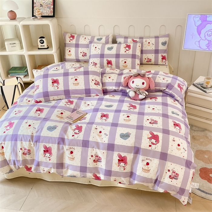 91家纺网 家纺一手货源 找家纺 呗旺鹿 2024新款三丽鸥系列全棉四件套 格子美乐蒂