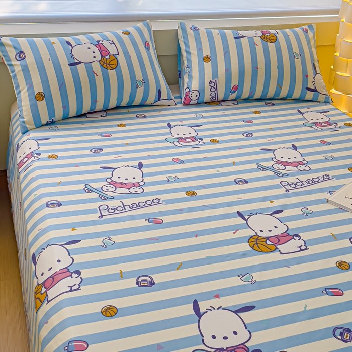 91家纺网 家纺一手货源 找家纺 金丝鸟家纺 2024新款全棉三丽鸥系列床单 条纹帕恰狗