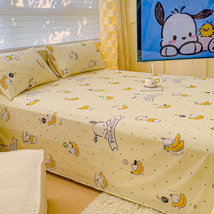 91家纺网 家纺一手货源 找家纺 金丝鸟家纺 2024新款全棉三丽鸥系列床单 香蕉帕恰狗