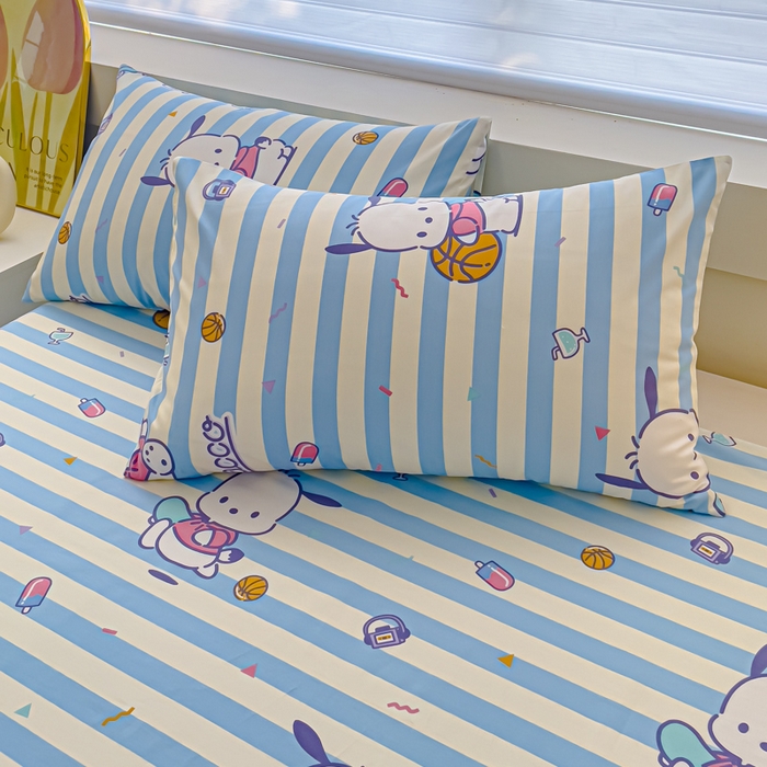 91家纺网 家纺一手货源 找家纺 金丝鸟家纺 2024新款全棉三丽鸥系列床单 条纹帕恰狗