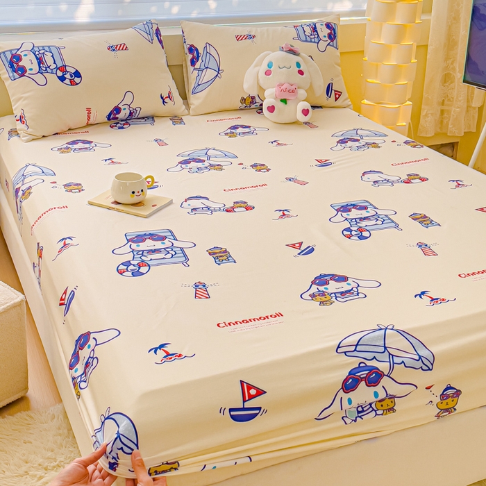 91家纺网 家纺一手货源 找家纺 金丝鸟家纺 2024新款全棉三丽鸥系列床笠 花伞狗