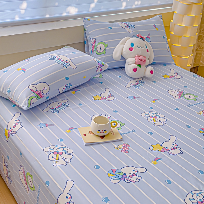 91家纺网 家纺一手货源 找家纺 金丝鸟家纺 2024新款全棉三丽鸥系列床单 条纹玉桂狗