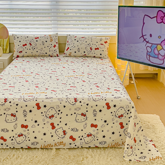 91家纺网 家纺一手货源 找家纺 金丝鸟家纺 2024新款全棉三丽鸥系列床单 糖果红kt