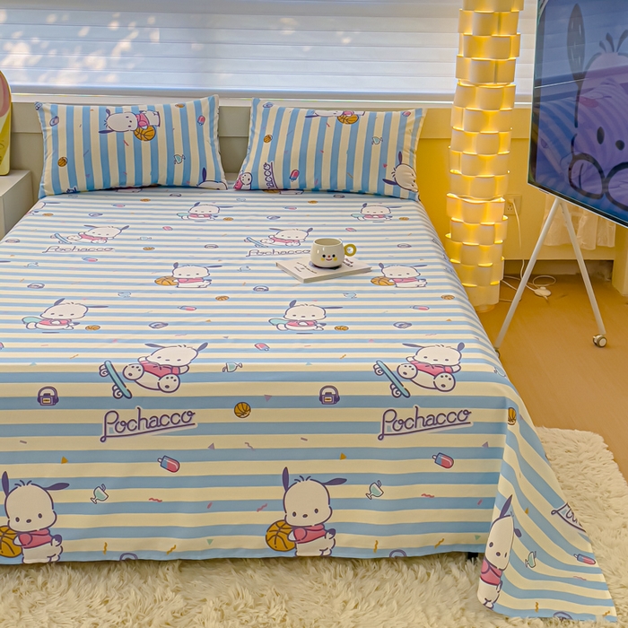 91家纺网 家纺一手货源 找家纺 金丝鸟家纺 2024新款全棉三丽鸥系列床单 条纹帕恰狗