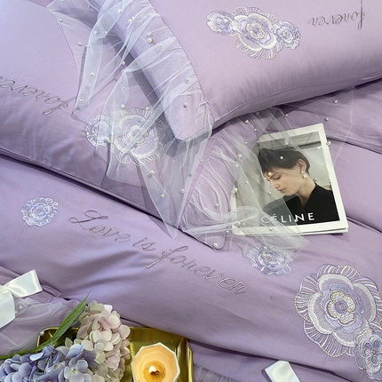 欧冠家纺 2024新款全棉蕾丝珍珠网纱四件套 丽丽贝尔系列 薰衣紫