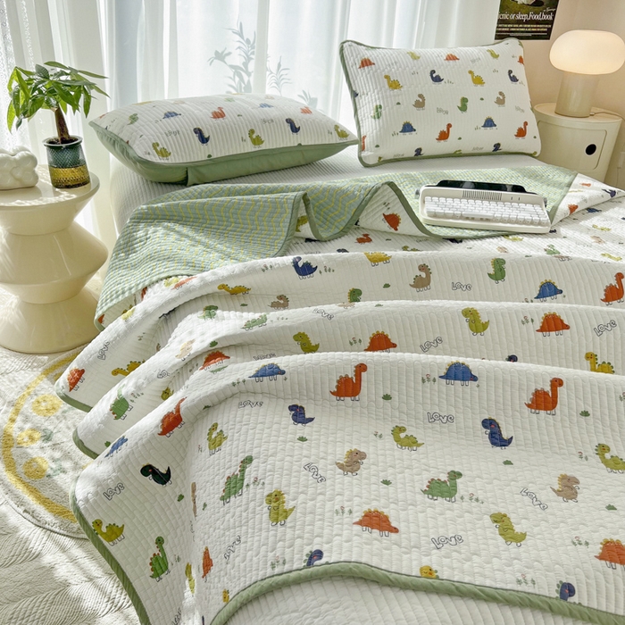 91家纺网 家纺一手货源 找家纺 茉夕家纺 2024新款纯棉斜纹13372双面纯棉床盖 恐龙茶茶