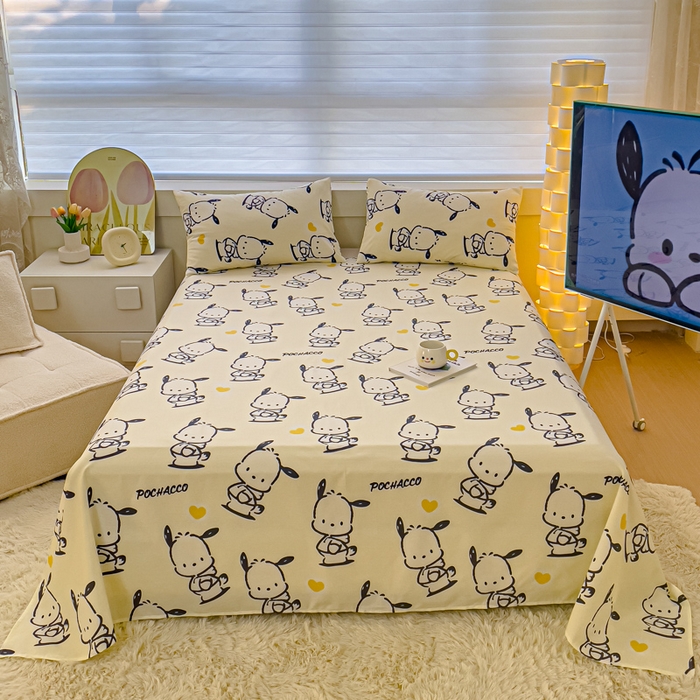 91家纺网 家纺一手货源 找家纺 金丝鸟家纺 2024新款全棉三丽鸥系列床单 爱心黑白帕恰狗