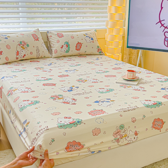 91家纺网 家纺一手货源 找家纺 金丝鸟家纺 2024新款全棉三丽鸥系列床笠 花园kt