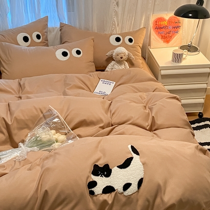 N先生 2024新款美拉德多巴胺毛巾绣四件套-猫咪系列 猫咪-坚果棕