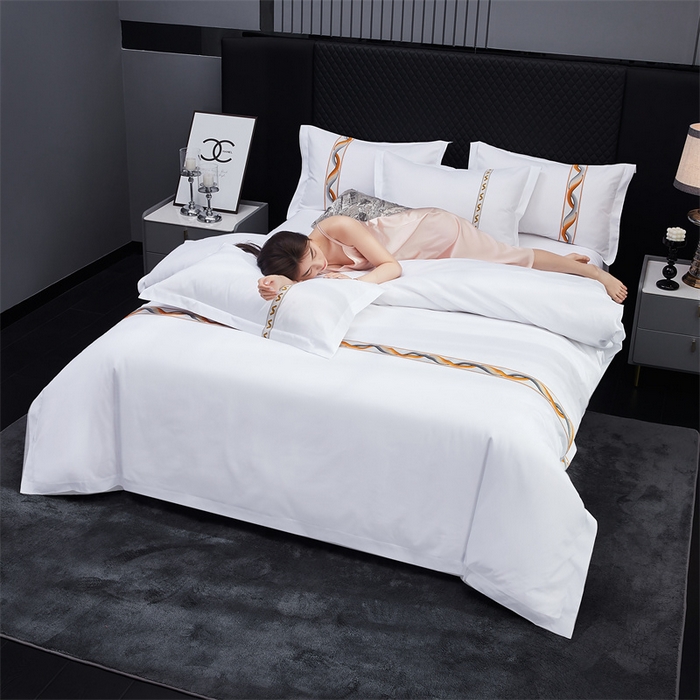 91家纺网 家纺一手货源 找家纺 罗菲尼酒店用品 2025新款高仿棉镶线宾馆酒店四件套 神彩-橘