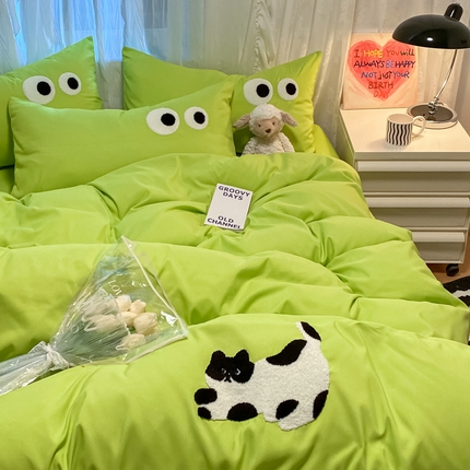 N先生 2024新款美拉德多巴胺毛巾绣四件套-猫咪系列 猫咪-赛博青柠