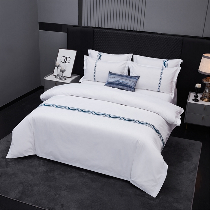 91家纺网 家纺一手货源 找家纺 罗菲尼酒店用品 2025新款高仿棉镶线宾馆酒店四件套 神彩-蓝