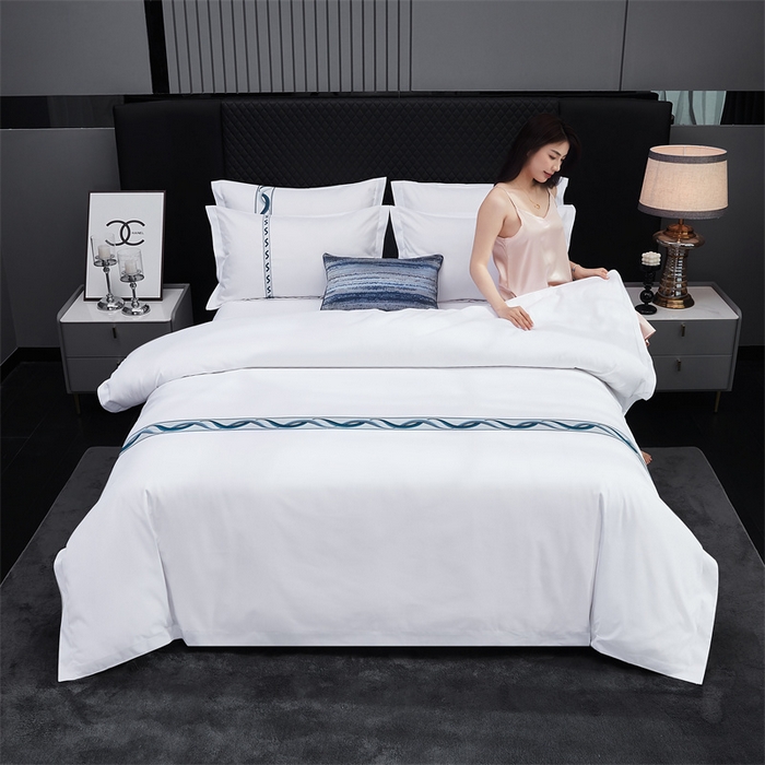 91家纺网 家纺一手货源 找家纺 罗菲尼酒店用品 2025新款高仿棉镶线宾馆酒店四件套 神彩-蓝