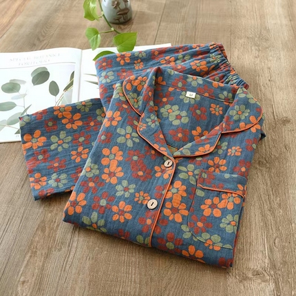 91家纺网 家纺一手货源 找家纺 洛兰沙家居馆【只代发】【只代发】 2024新款民族风碎花春秋季女士睡衣长袖纯棉双层纱布妈妈中老年家居服套装 ls104