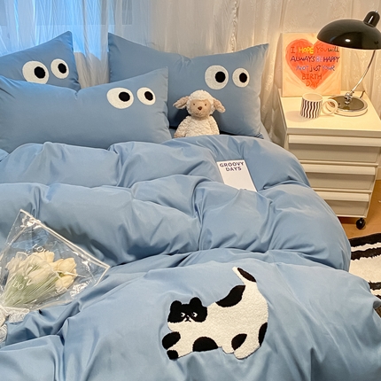 N先生 2024新款美拉德多巴胺毛巾绣四件套-猫咪系列 猫咪-原力蓝