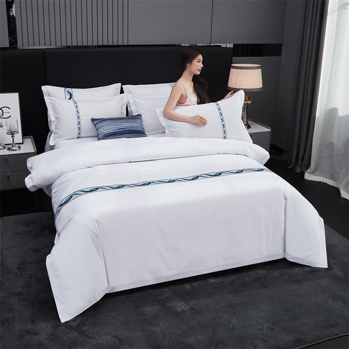 91家纺网 家纺一手货源 找家纺 罗菲尼酒店用品 2025新款高仿棉镶线宾馆酒店四件套 神彩-蓝