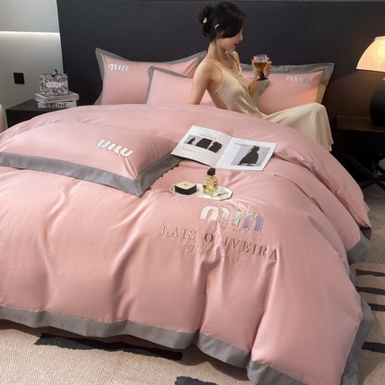 遇见家居生活馆 2024新款亲肤磨毛刺绣四件套-克洛伊 克洛伊-浅豆沙